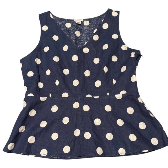 J. Crew Navy Blue White Polka Dot Linen Cotton Peplum Top Size 12 - Picture 10 of 10